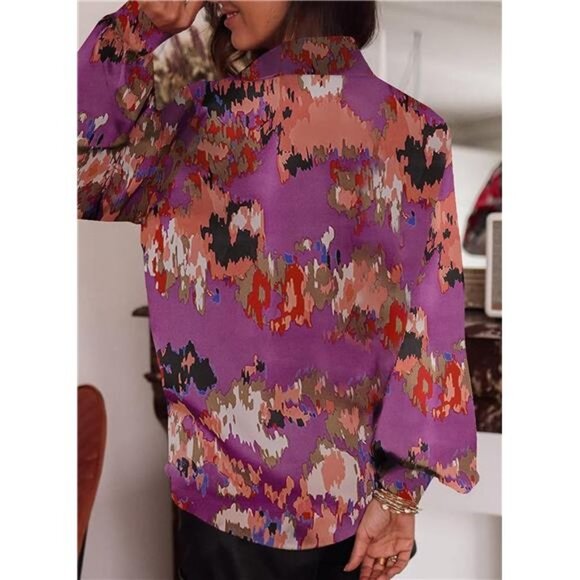Abstract Print Button Up Shirt Casual Long Puff Sleeve Blouse Boho Dressy Top - Picture 3 of 5